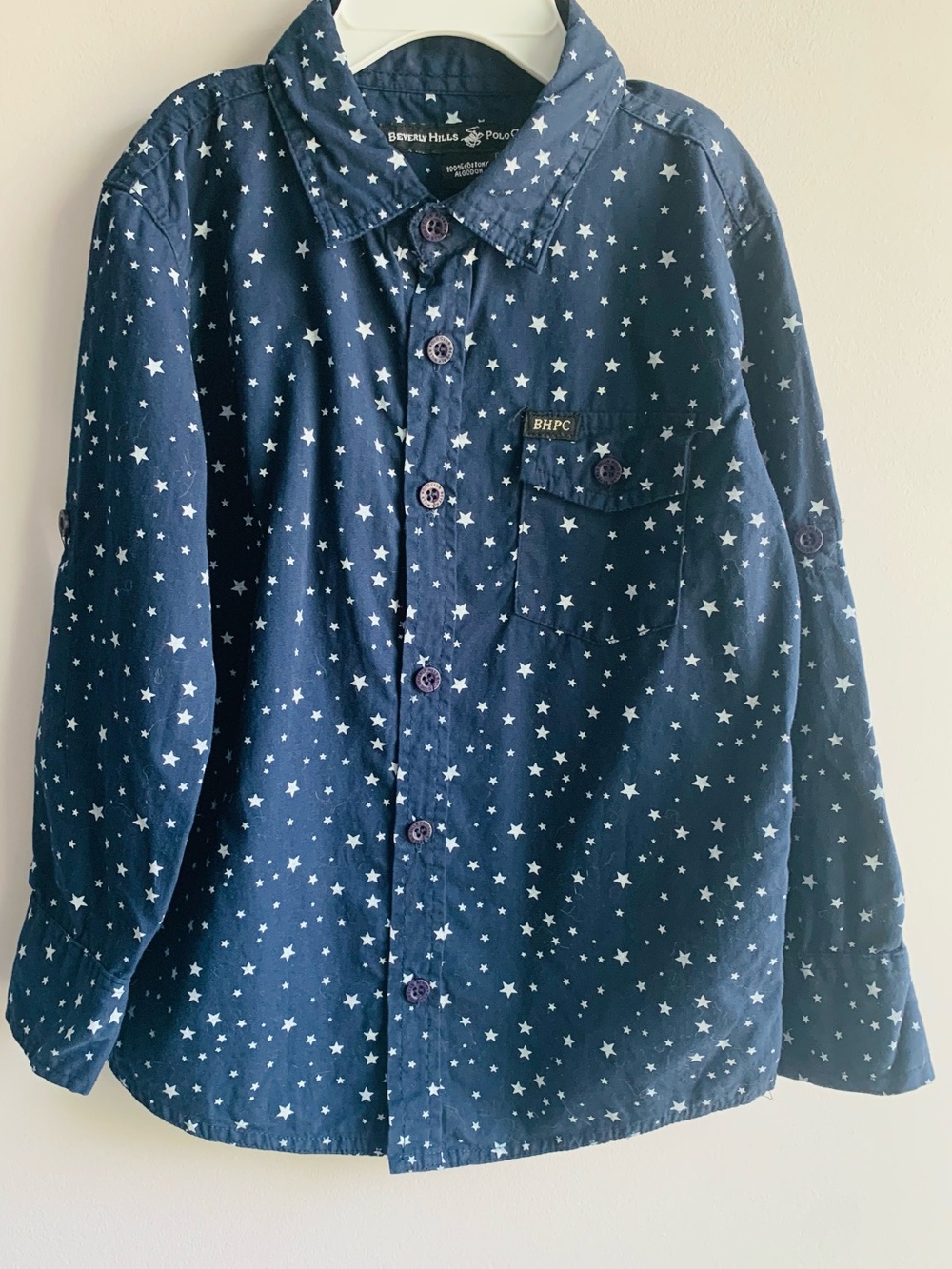 Button Front Shirt Navy White Stars Patriotic BHPC Cotton Kids Boys Small EUC 4
